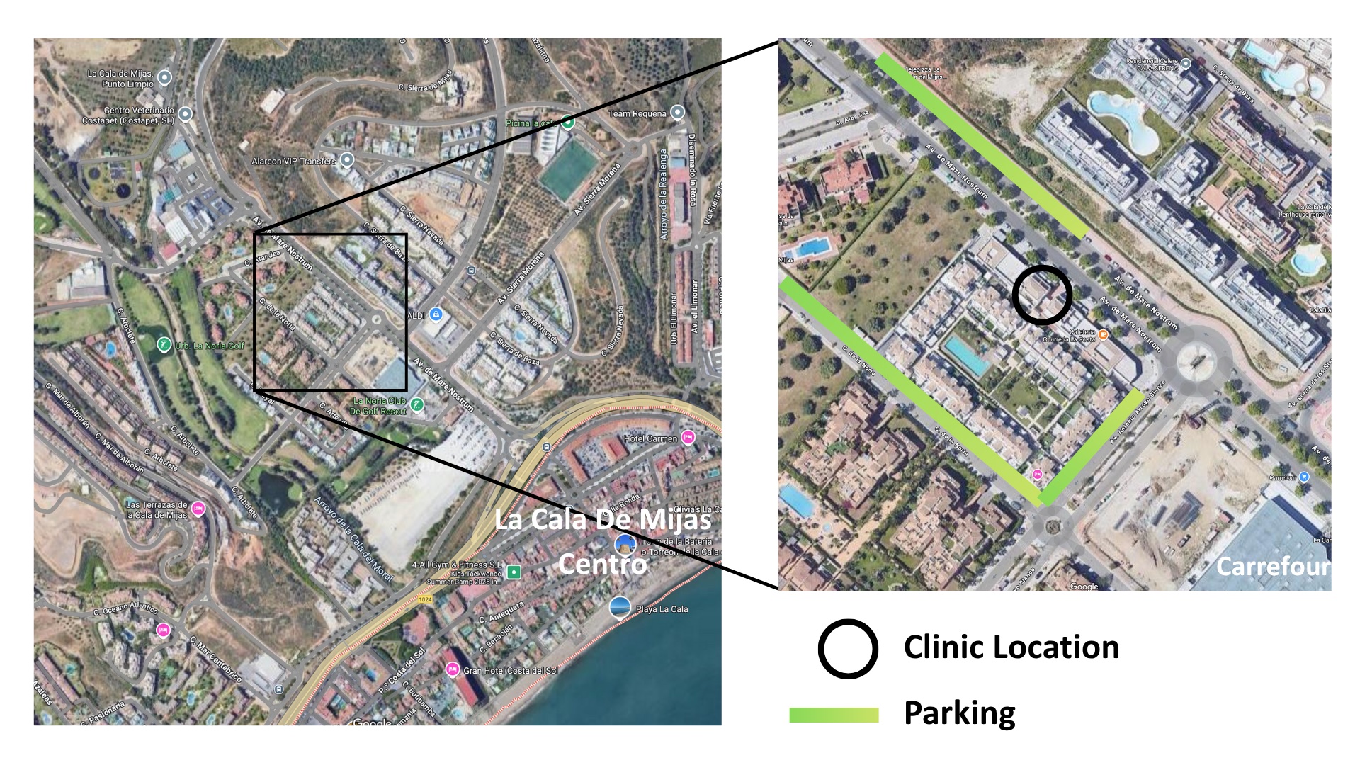 Satellite map with the clinic location circled, near La Cala de Mijas centre and Carrefour, with nearby parking marked in green.